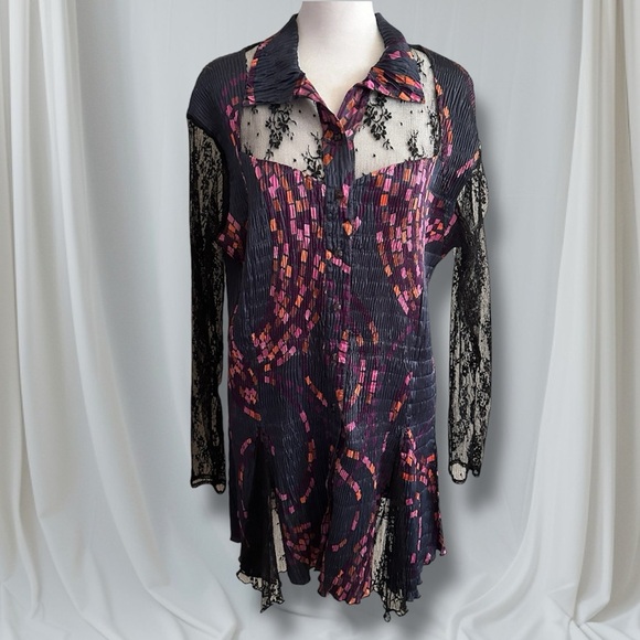KOMAROV Button Front Lace Sleeve and Detail Crinkle Multicolor Shirt Top Dress L - Picture 3 of 9